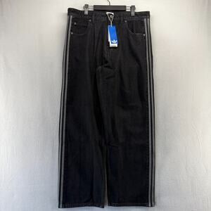 Adidas Firebird Jeans Mens 36 Black Denim Baggy Three Stripe 10" leg Wide NEW